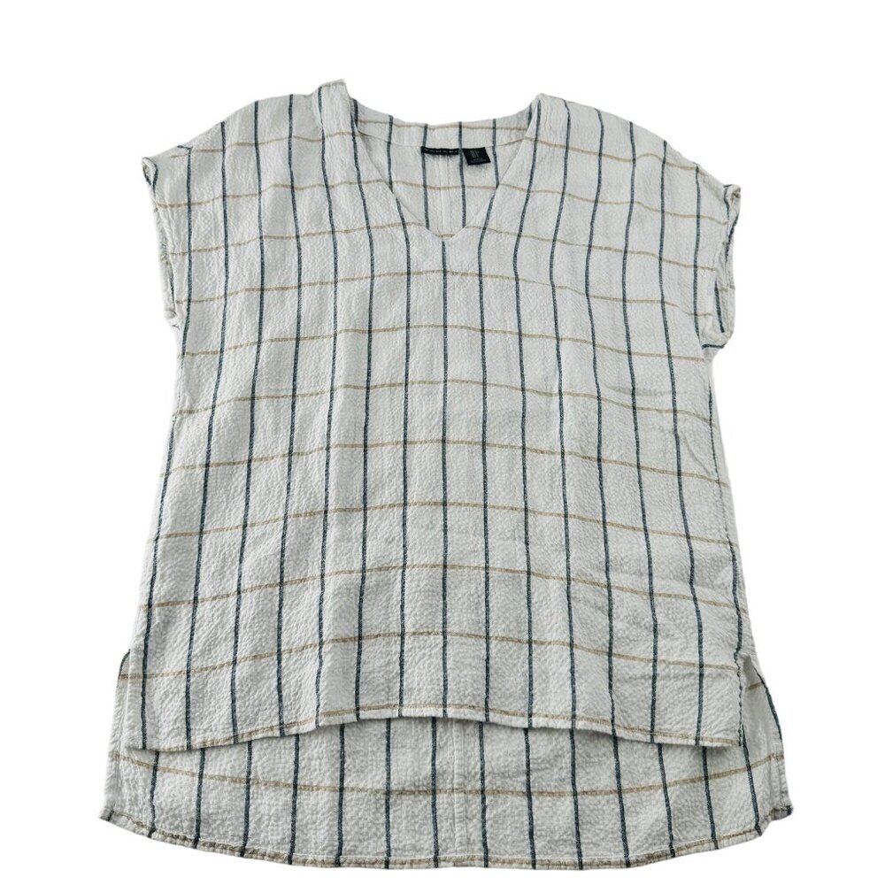 Tahari Cream Textured Windowpane Plaid Short Sleeve Blouse